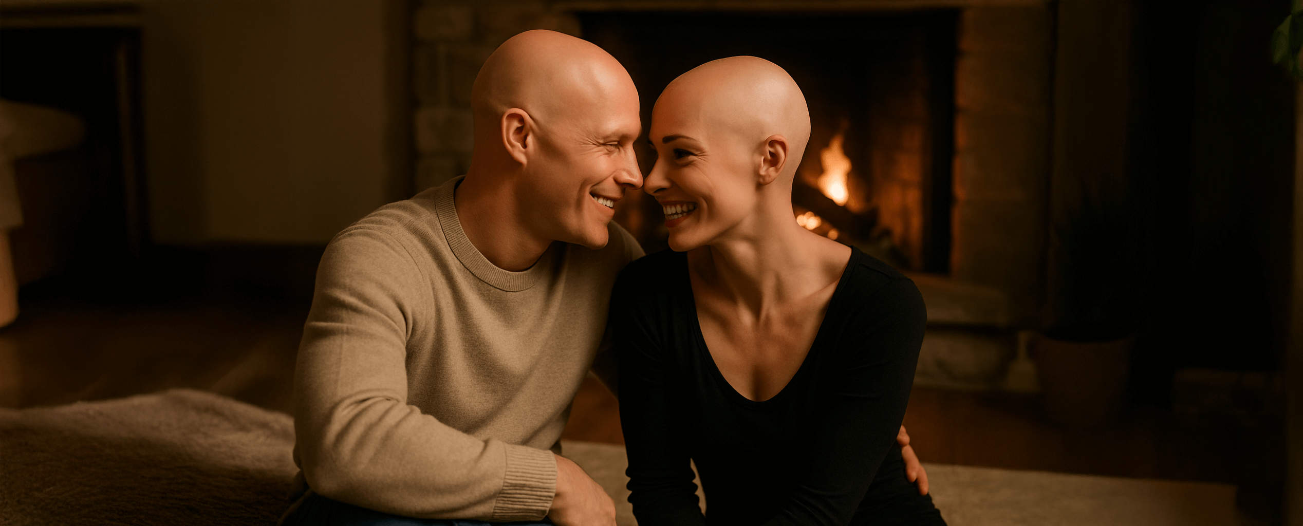 Alopecia couple in front of fireplace